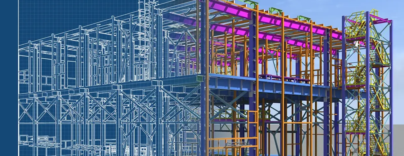 3D rendering of a building with steel beam and columns