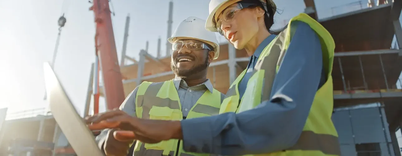 Two Specialists Inspect Commercial, Industrial Building Construction Site.