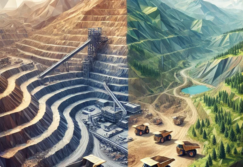 DALL·E 2024-09-12 18.15.47 – Create a low-poly version of a large open-pit copper mine transitioning from an active mining operation on the left to a green, reclaimed mine on the DALL·E 2024-09-12 18.15.47 - Create a low-poly version of a large open-pit copper mine transitioning from an active mining operation on the left to a green, reclaimed mine on the
