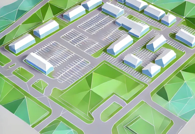 DALL·E 2024-09-13 12.05.40 – Create a low-poly version of a site plan similar to the layout of a commercial or residential development, with pathways, roads, and buildings. The sc DALL·E 2024-09-13 12.05.40 - Create a low-poly version of a site plan similar to the layout of a commercial or residential development, with pathways, roads, and buildings. The sc