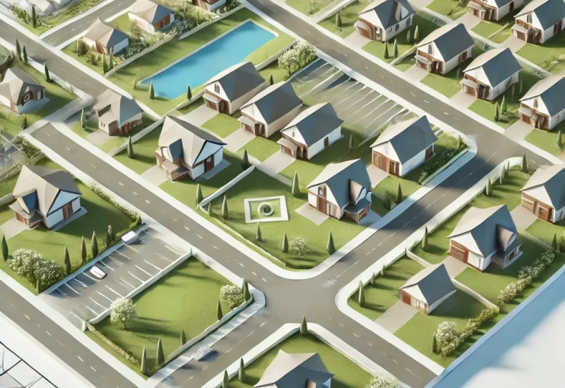 DALL·E 2024-09-13 12.06.12 – Create a refined, low-poly version of a residential site plan, showing houses, roads, green spaces, and pathways. The layout should feature simplified DALL·E 2024-09-13 12.06.12 - Create a refined, low-poly version of a residential site plan, showing houses, roads, green spaces, and pathways. The layout should feature simplified
