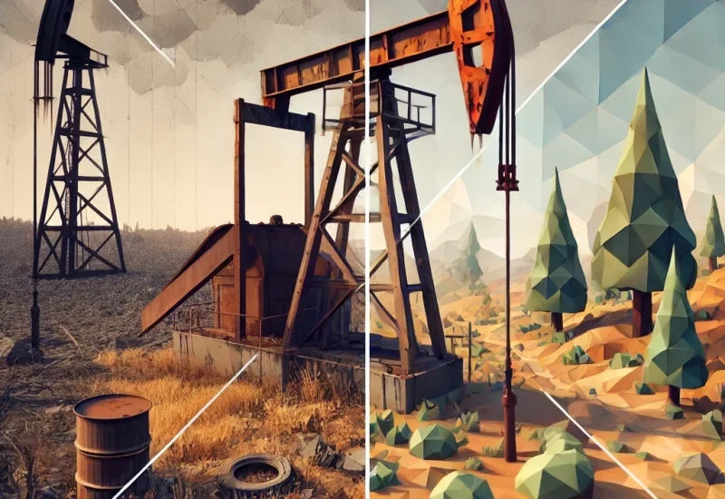 DALL·E 2024-09-13 12.10.48 – Create a low-poly version of an abandoned oil well scene. The left side should depict the oil well in its abandoned state with rust, overgrown vegetat DALL·E 2024-09-13 12.10.48 - Create a low-poly version of an abandoned oil well scene. The left side should depict the oil well in its abandoned state with rust, overgrown vegetat