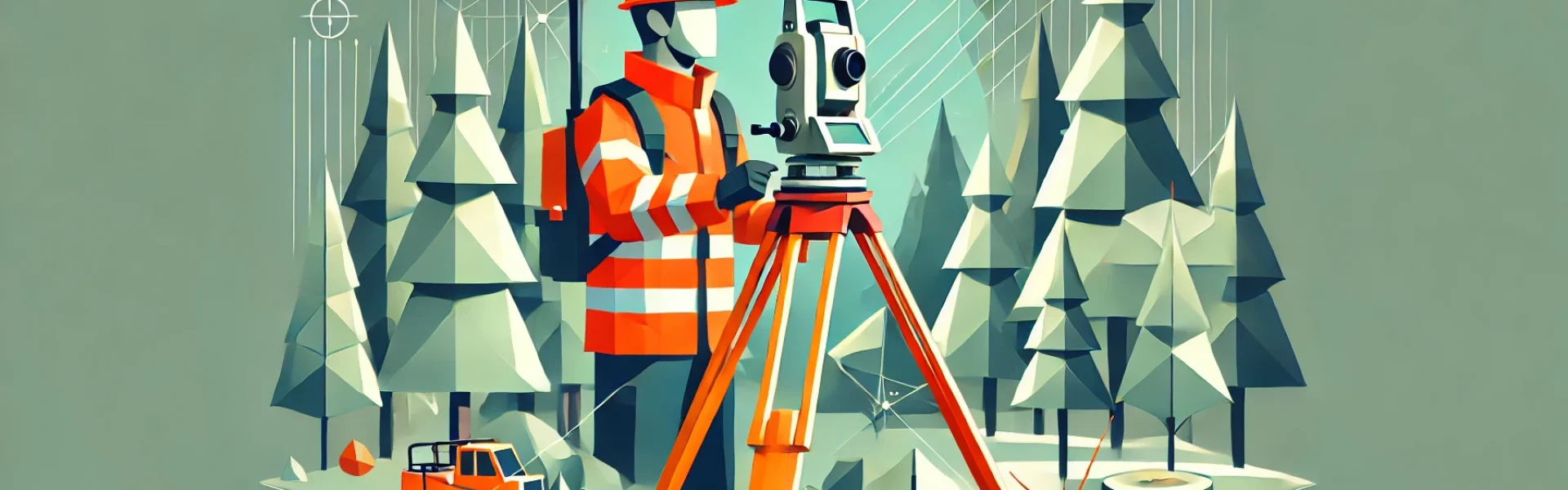 DALL·E 2024-09-24 16.52.43 – A low-poly geometric vector illustration of a land surveyor working in a forested environment, using a GPS tripod. The surveyor is wearing an orange s DALL·E 2024-09-24 16.52.43 - A low-poly geometric vector illustration of a land surveyor working in a forested environment, using a GPS tripod. The surveyor is wearing an orange s