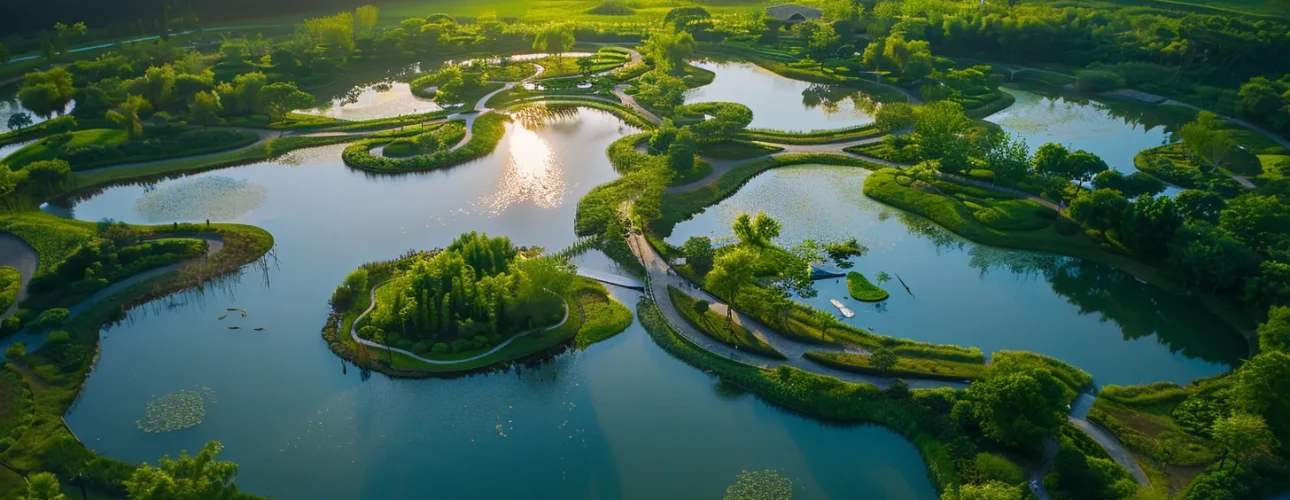 a breathtaking aerial view of a vibrant wetland landscape, showcasing shimmering water reflections, lush green vegetation, and winding pathways, symbolizing the complex yet beautiful interplay of nature and regulation.