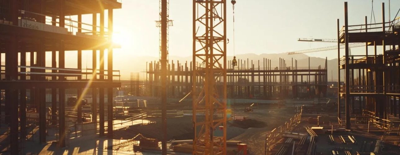 a bustling construction site in utah showcases innovative structural engineering designs, with towering steel frames and blueprints spread out under a bright, clear sky, highlighting the precision and expertise of the engineering team.