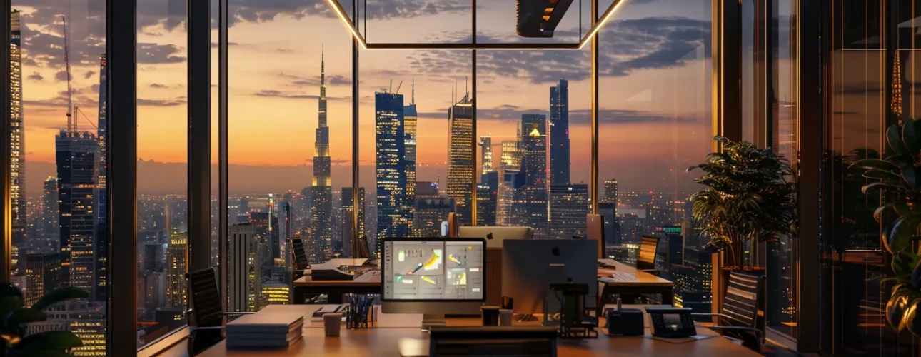 a dynamic cityscape showcases a modern office bustling with professionals engaged in digital permit management, illuminated by soft, warm lighting that highlights a backdrop of towering skyscrapers against a vibrant sunset.