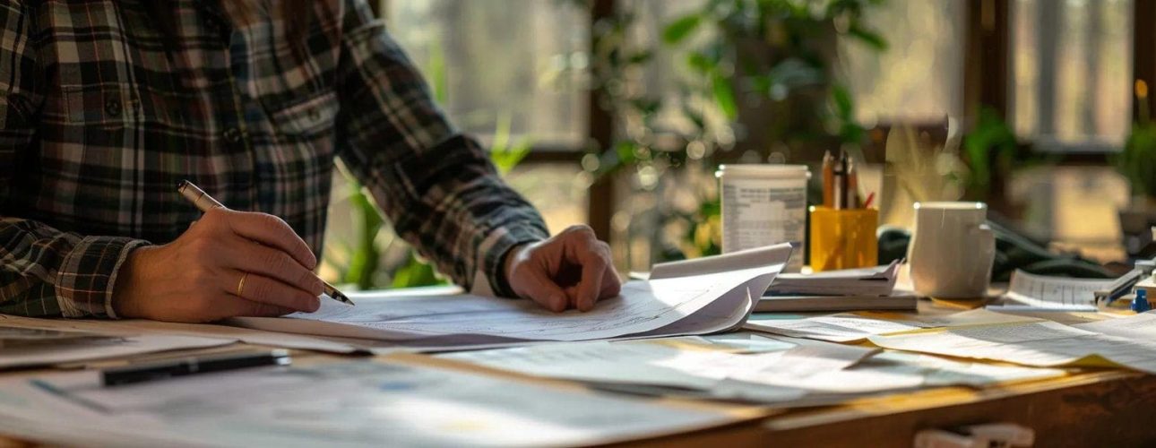 a person meticulously reviewing a detailed site plan for septic design approval, surrounded by soil tests, percolation reports, and application forms.