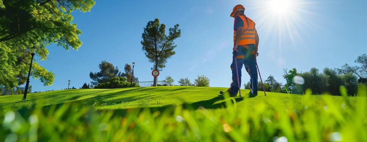 a professional land surveyor meticulously analyzes a vibrant green property line, with clear markers and a bright blue sky overhead, emphasizing the importance of resolving boundary disputes.