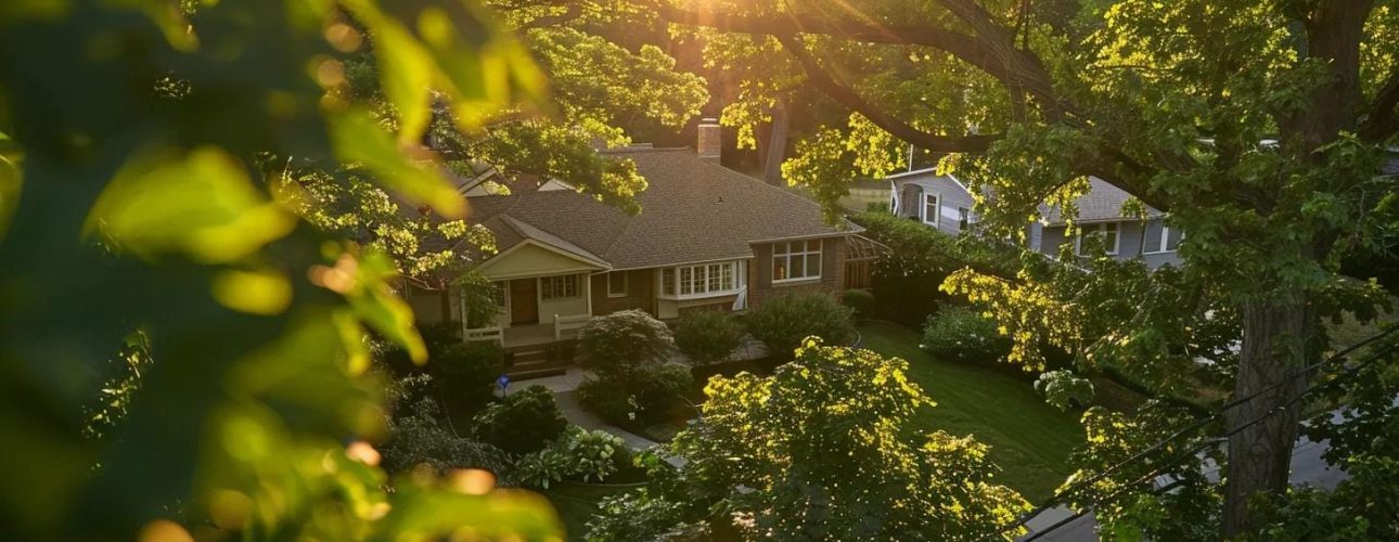 a serene suburban home framed by vibrant greenery, showcasing a skilled inspector meticulously examining the roof under the warm, golden light of a late afternoon sun, emphasizing the importance of structural safety for homeowners.