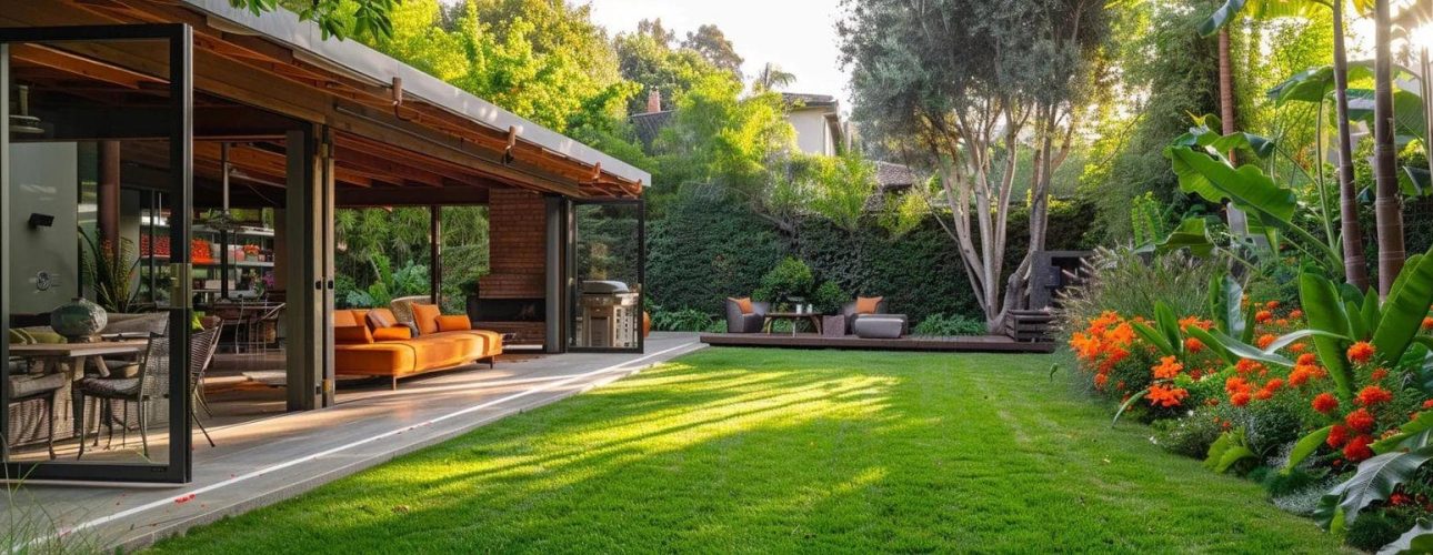 a serene, well-maintained backyard features a discreetly integrated engineered septic system surrounded by lush green grass and vibrant flowers, symbolizing harmony between technology and nature.