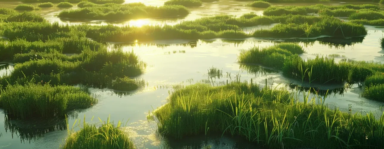 a-a-serene-wetland-landscape-illumi-567d912e-91e5-476f-9d58-0be4424632b0.webp a serene wetland landscape, illuminated by golden sunrise light, showcases vibrant green grasses and reflective water, symbolizing the delicate balance of nature in the permitting process for ecological projects.