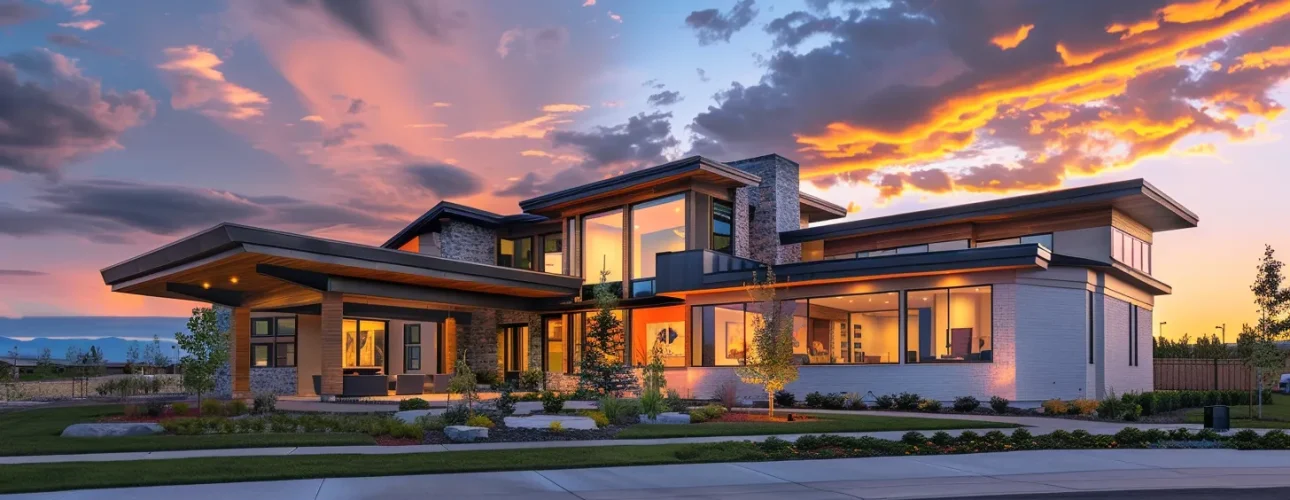 a striking architectural rendering showcases a stunning, uniquely-designed residential home, with elegant lines and a harmonious blend of modern materials set against a vibrant sunset sky.