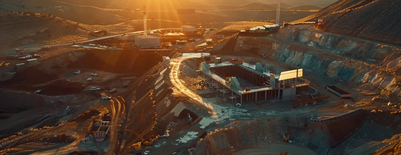 a stunning aerial view of a modern construction site in utah, showcasing innovative structural engineering designs surrounded by rugged natural landscapes, illuminated by the golden light of sunset.