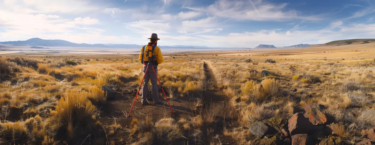 a surveyor measuring land boundaries in a rural utah landscape, showcasing the process of splitting and selling a lot.