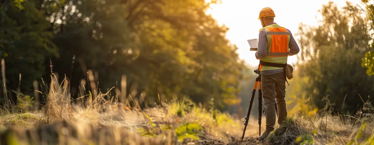 a land surveyor standing confidently with a compass and map at a disputed property line, resolving the boundary conflict with precision and expertise.