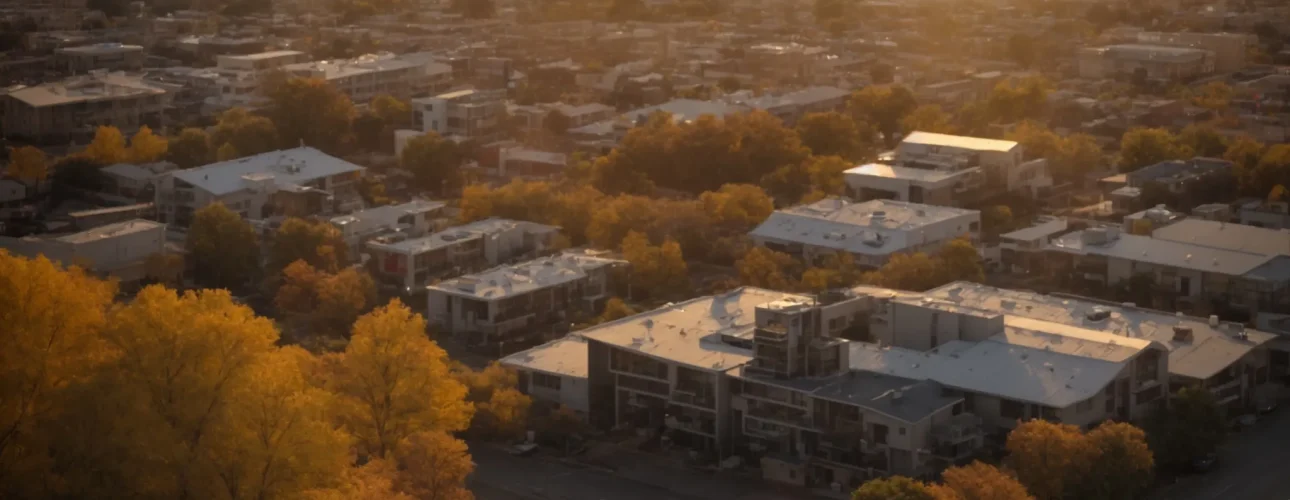 a panoramic view of a serene urban landscape under a golden sunset, showcasing a diverse group of property owners engaged in thoughtful discussion about environmental regulations, with a focus on clarity and harmony in their expressions.