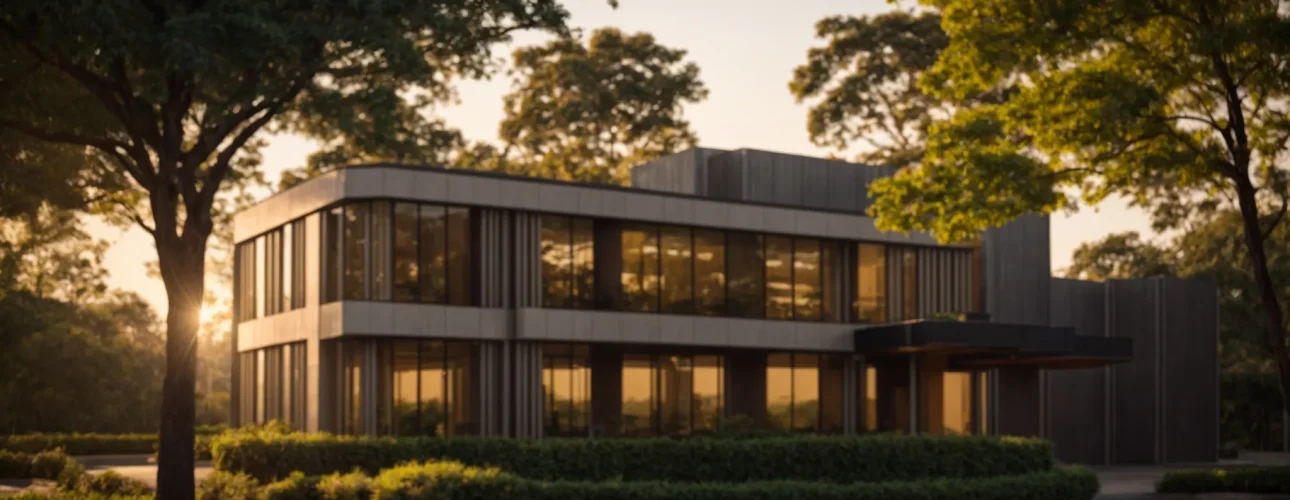 a serene landscape featuring a well-maintained office building surrounded by lush greenery, symbolizing compliance and environmental integrity in phase i environmental site assessments, captured at golden hour for a warm, inviting glow.