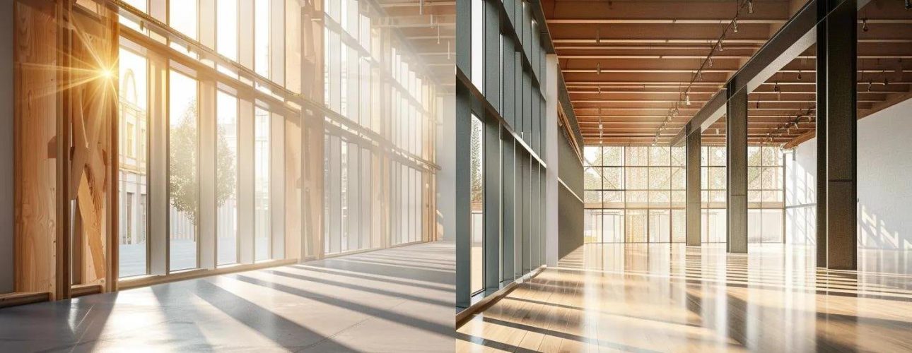 a dramatic split view showcases a robust load-bearing wall braced with steel beams contrasted against a sleek, airy non-load-bearing wall filled with large windows, illuminated by soft, natural light streaming in from outside.