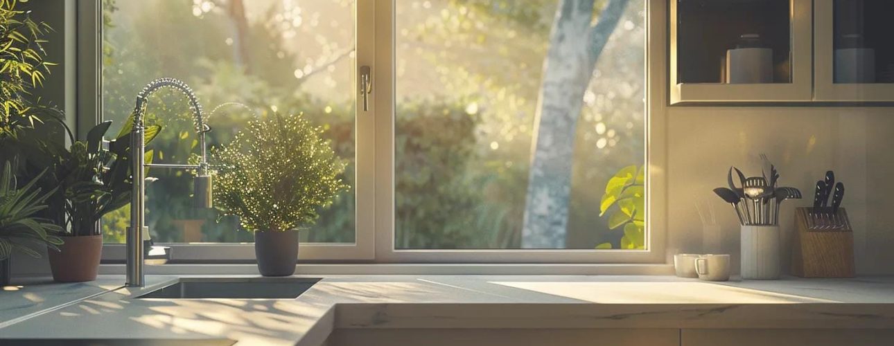 a meticulously designed modern kitchen renovation showcasing sleek lines and sophisticated materials, illuminated by natural light streaming through large windows, symbolizing structural code compliance and design harmony.