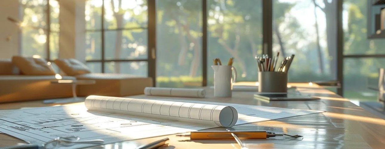 a modern home interior showcases a detailed structural engineering assessment, featuring blueprints and tools elegantly arranged on a pristine work surface illuminated by natural light streaming through large windows, highlighting the meticulous planning involved in a remodel.