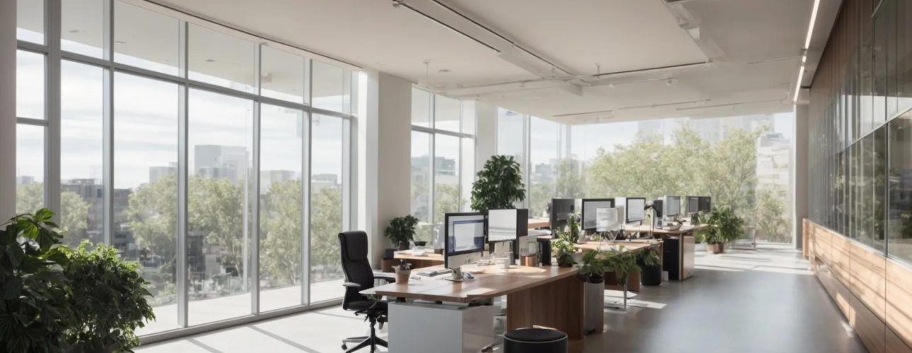 a sleek, modern office space showcases an impressive structural analysis blueprint, illuminated by soft natural light filtering through large windows, emphasizing the theme of optimization in commercial remodels.